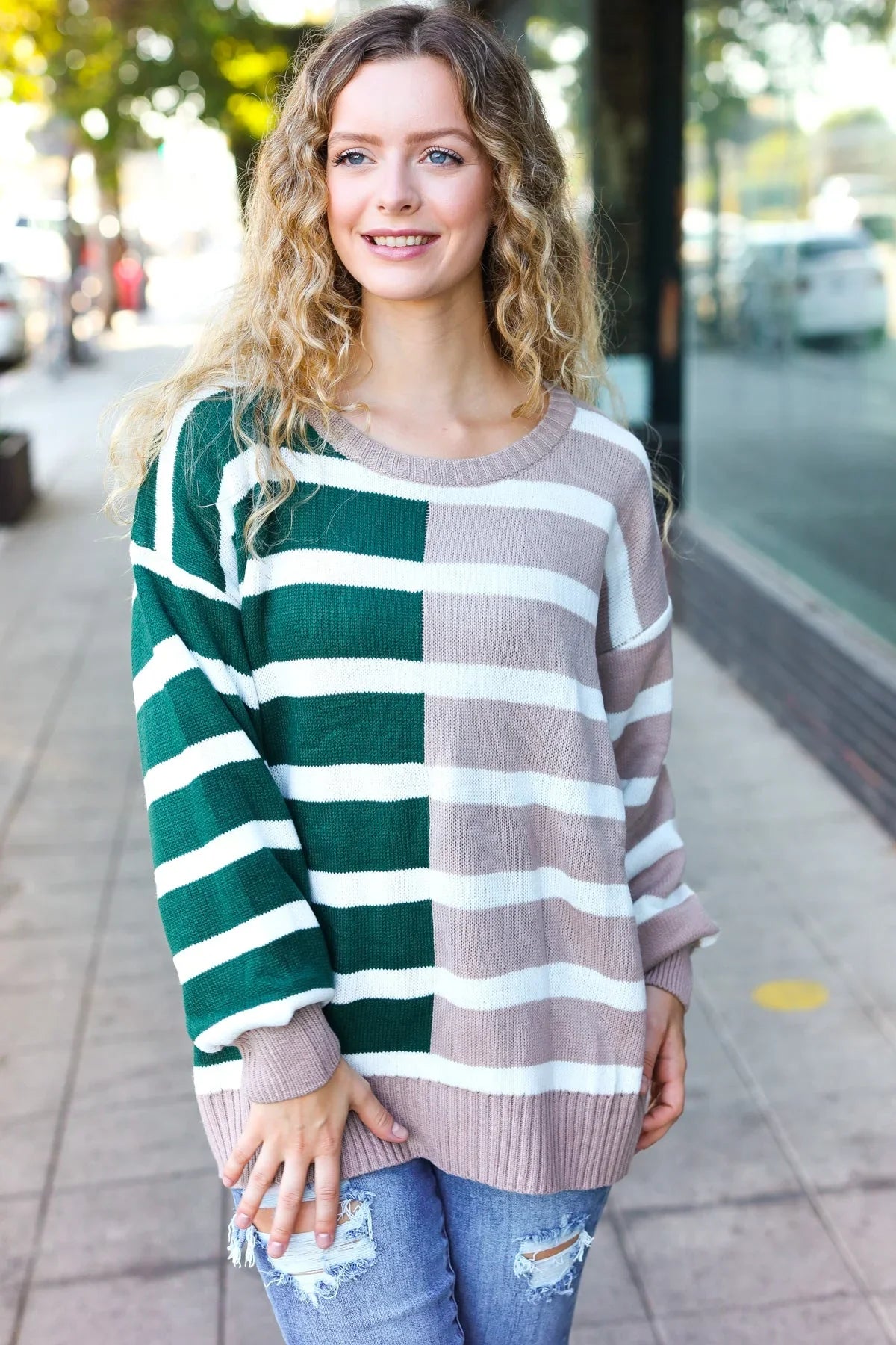 Hunter Green & Taupe Striped Color Block Sweater | Daverri Fashions
