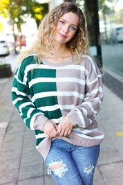 Hunter Green & Taupe Striped Color Block Sweater | Daverri Fashions