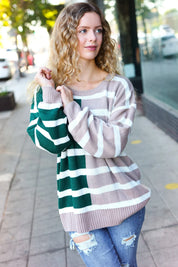 Hunter Green & Taupe Striped Color Block Sweater | Daverri Fashions