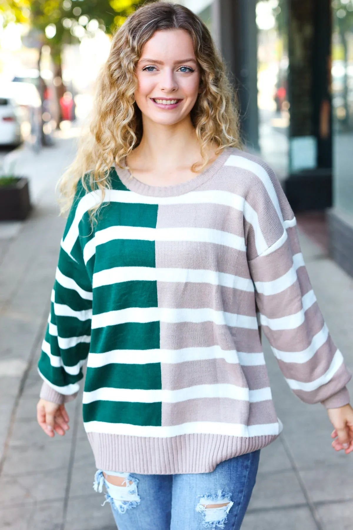 Hunter Green & Taupe Striped Color Block Sweater | Daverri Fashions