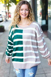 Hunter Green & Taupe Striped Color Block Sweater | Daverri Fashions