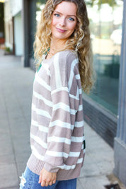 Hunter Green & Taupe Striped Color Block Sweater | Daverri Fashions