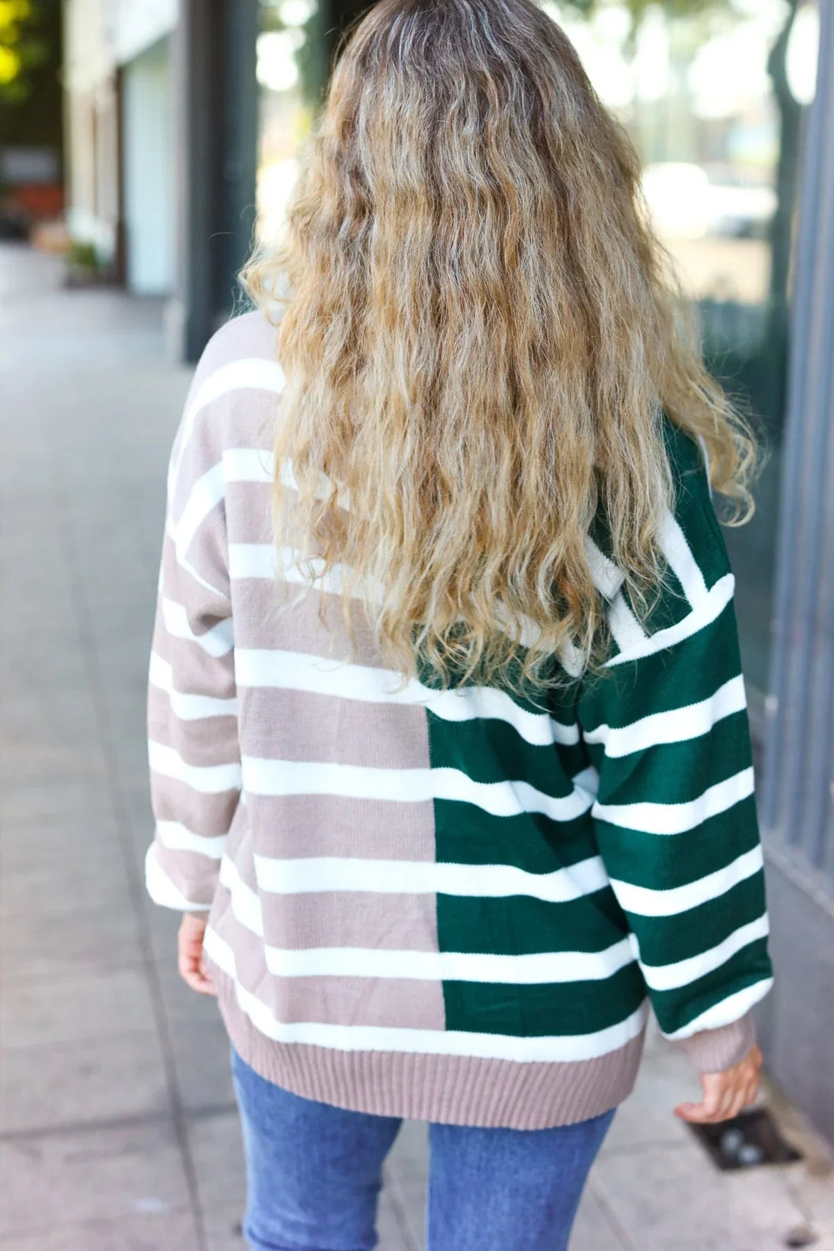 Hunter Green & Taupe Striped Color Block Sweater | Daverri Fashions