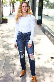 Judy Blue Dark Wash Mid Rise Distressed Straight Leg Jeans | Daverri Fashions