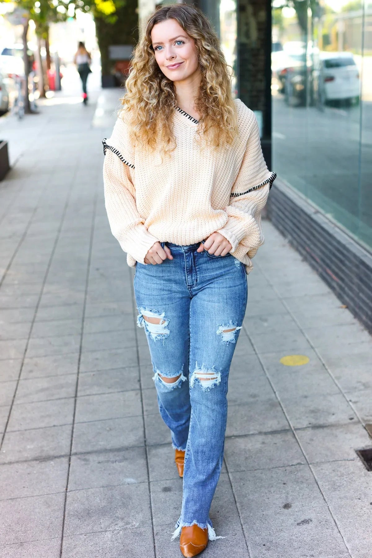 The Perfect Day Oatmeal Notched Neck Contrast Stitch Knit Hoodie | Daverri Fashions