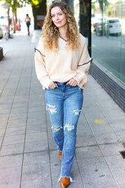 The Perfect Day Oatmeal Notched Neck Contrast Stitch Knit Hoodie | Daverri Fashions