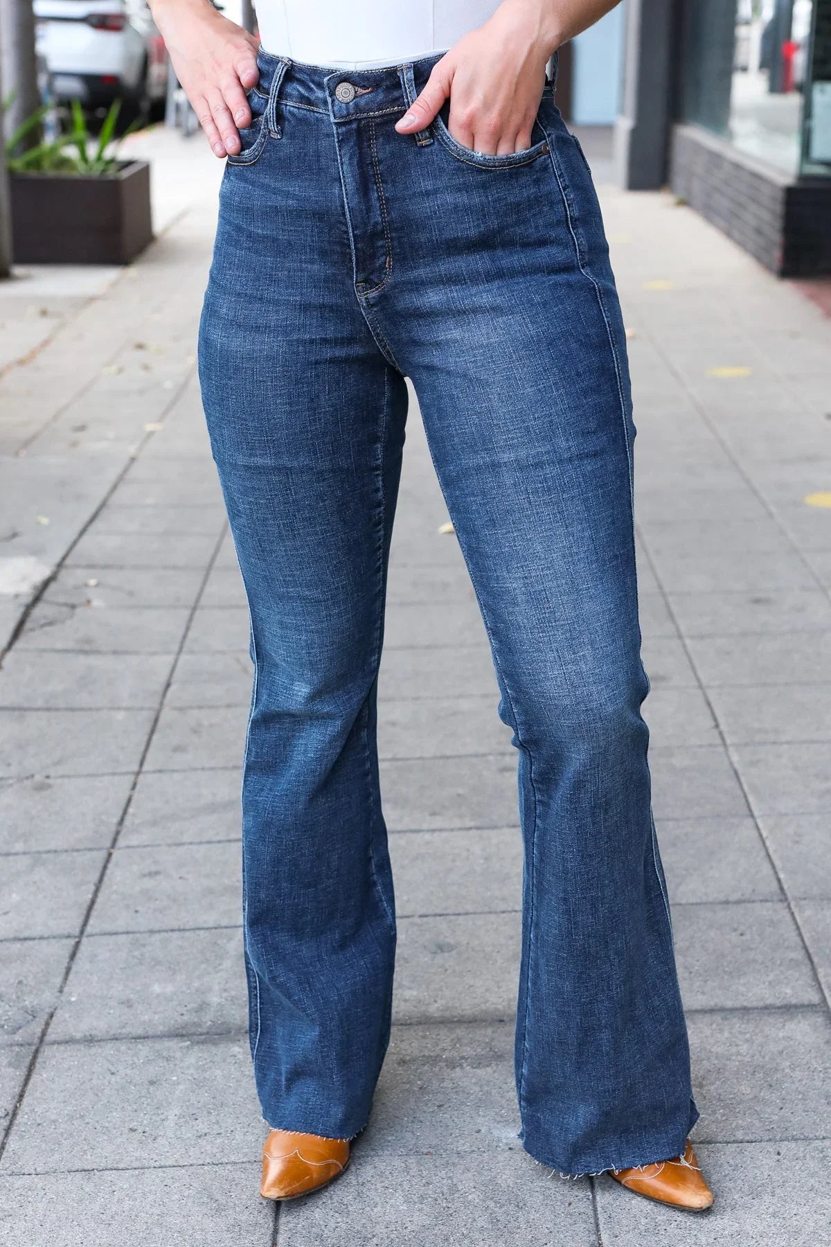 Judy Blue Dark Wash High Rise Flare Back Pocket Detail Jeans | Daverri Fashions