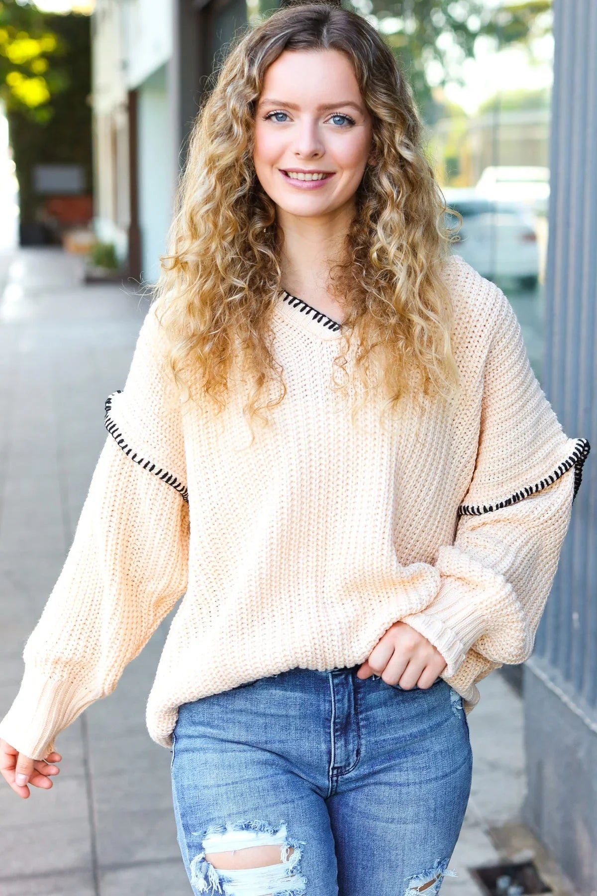 The Perfect Day Oatmeal Notched Neck Contrast Stitch Knit Hoodie | Daverri Fashions