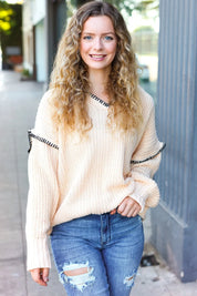 The Perfect Day Oatmeal Notched Neck Contrast Stitch Knit Hoodie | Daverri Fashions