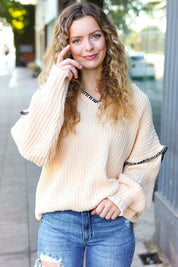 The Perfect Day Oatmeal Notched Neck Contrast Stitch Knit Hoodie | Daverri Fashions