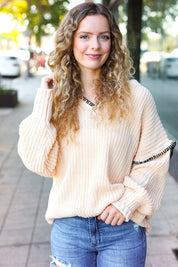 The Perfect Day Oatmeal Notched Neck Contrast Stitch Knit Hoodie | Daverri Fashions