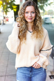 The Perfect Day Oatmeal Notched Neck Contrast Stitch Knit Hoodie | Daverri Fashions