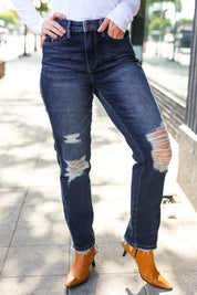 Judy Blue Dark Wash Mid Rise Distressed Straight Leg Jeans | Daverri Fashions