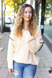 The Perfect Day Oatmeal Notched Neck Contrast Stitch Knit Hoodie | Daverri Fashions