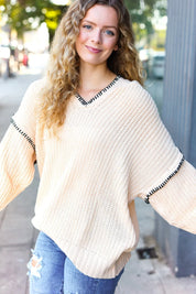 The Perfect Day Oatmeal Notched Neck Contrast Stitch Knit Hoodie | Daverri Fashions