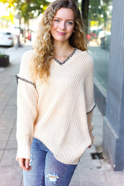 The Perfect Day Oatmeal Notched Neck Contrast Stitch Knit Hoodie | Daverri Fashions