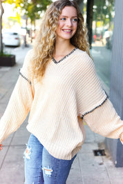 The Perfect Day Oatmeal Notched Neck Contrast Stitch Knit Hoodie | Daverri Fashions