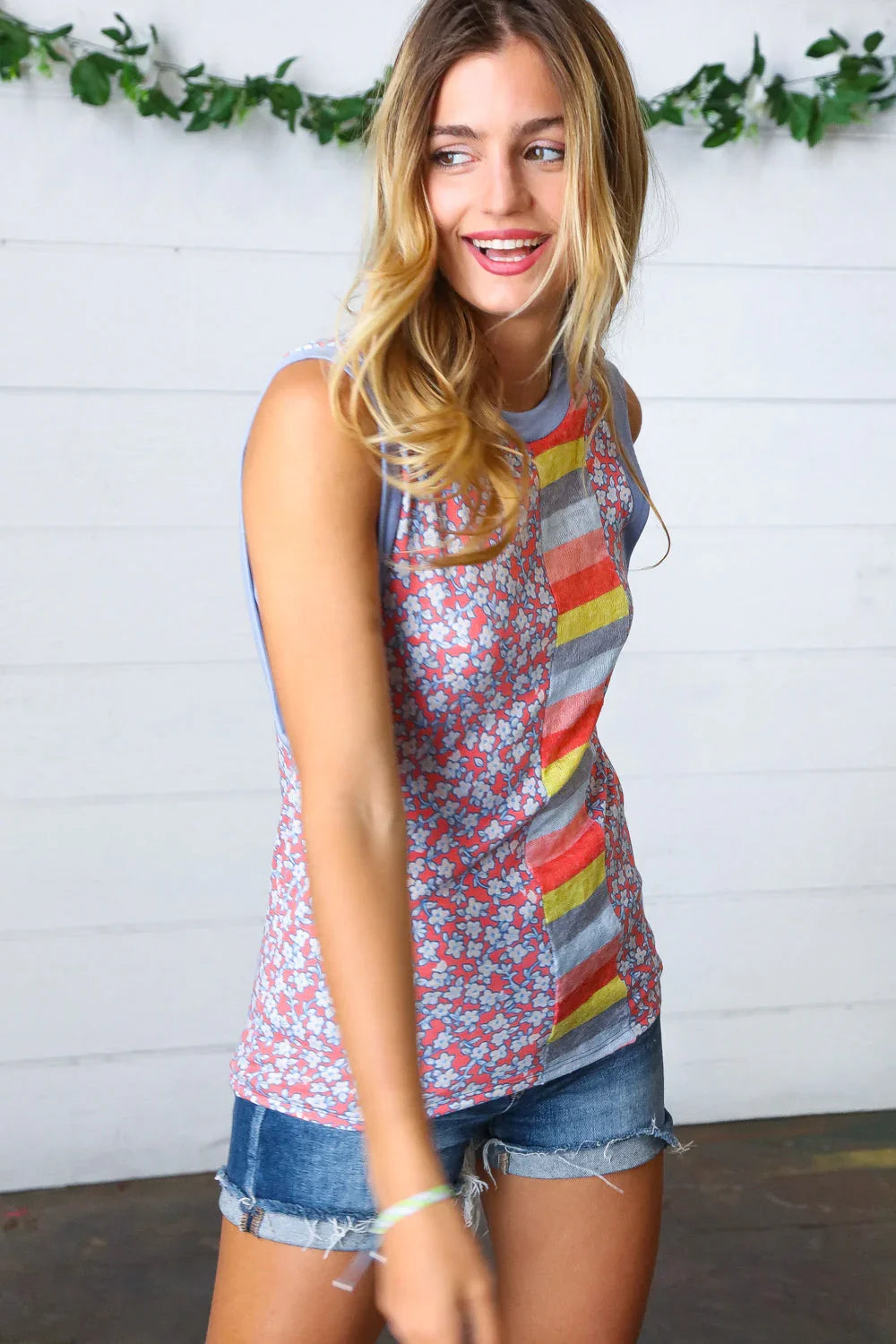 Coral & Denim Stripe Floral Print Tank Top | Daverri Fashions