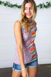 Coral & Denim Stripe Floral Print Tank Top | Daverri Fashions