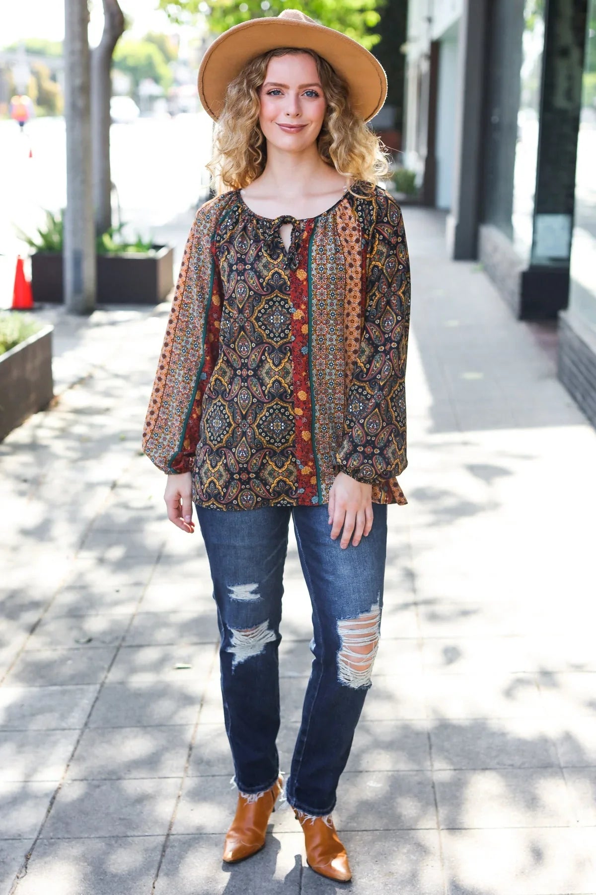 Weekend Ready Black & Rust Paisley Raglan Keyhole Tie Top | Daverri Fashions
