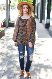 Weekend Ready Black & Rust Paisley Raglan Keyhole Tie Top | Daverri Fashions