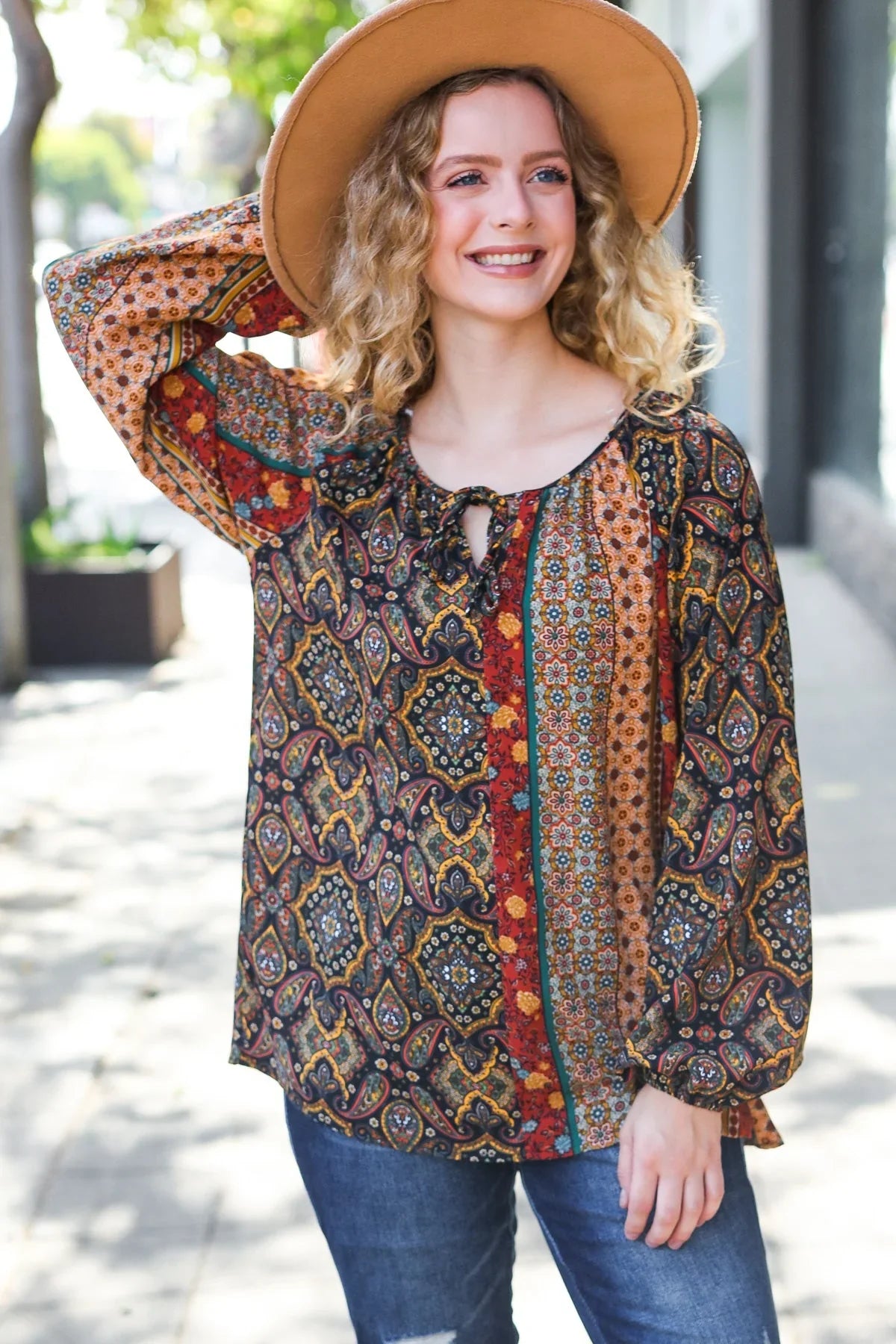 Weekend Ready Black & Rust Paisley Raglan Keyhole Tie Top | Daverri Fashions