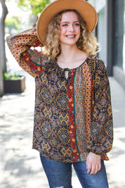 Weekend Ready Black & Rust Paisley Raglan Keyhole Tie Top | Daverri Fashions