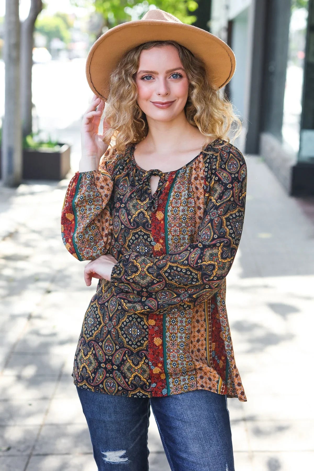 Weekend Ready Black & Rust Paisley Raglan Keyhole Tie Top | Daverri Fashions