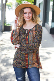 Weekend Ready Black & Rust Paisley Raglan Keyhole Tie Top | Daverri Fashions