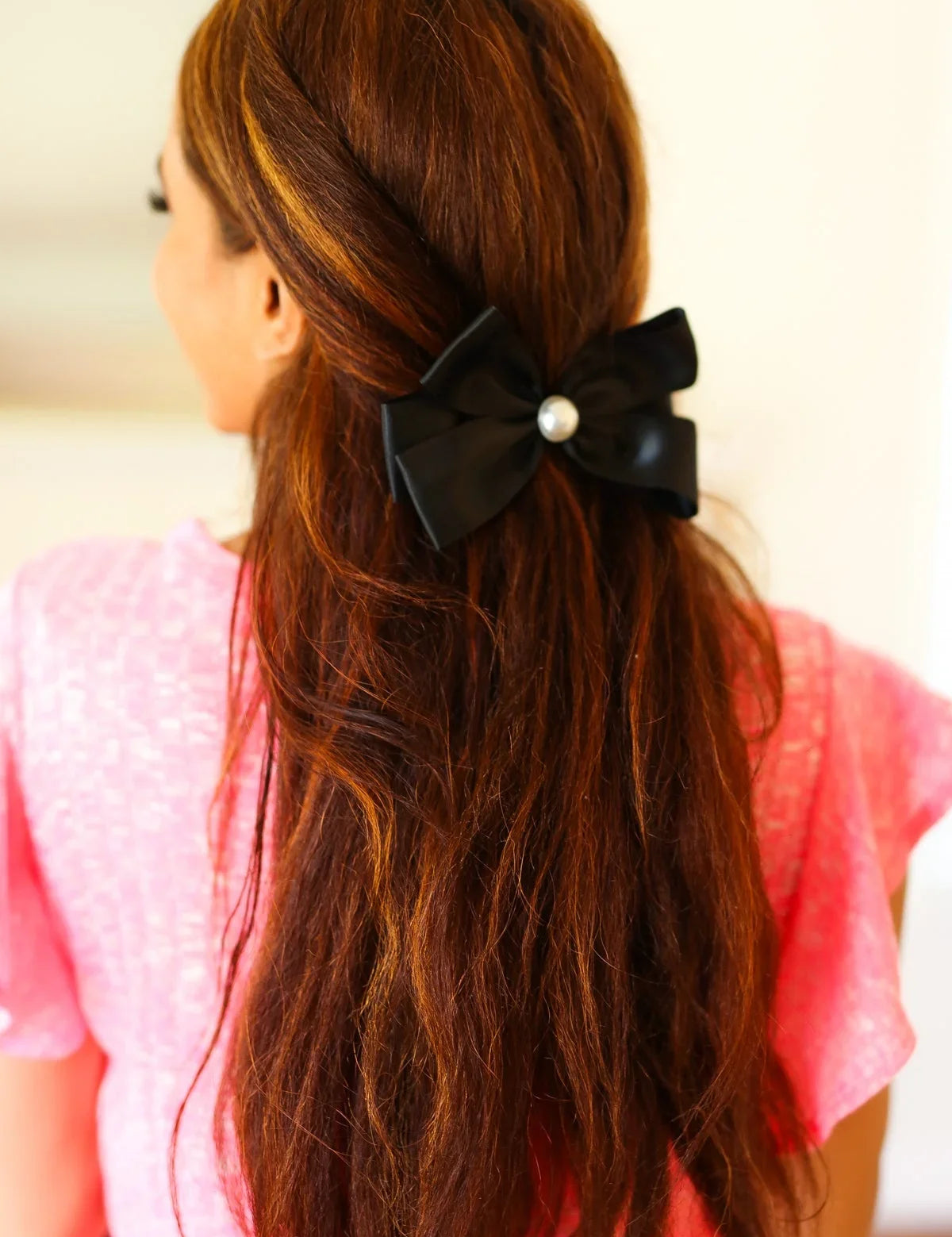 Black Satin Pearl Detail Coquette Bow | 2024 Blow-Out Sale Daverri Fashions