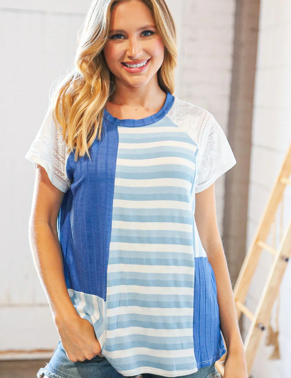 Blue Rib Terry Lace & Stripe Color Block Top | Daverri Fashions