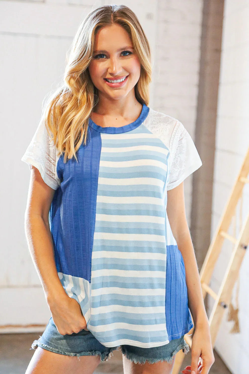 Blue Rib Terry Lace & Stripe Color Block Top | Daverri Fashions