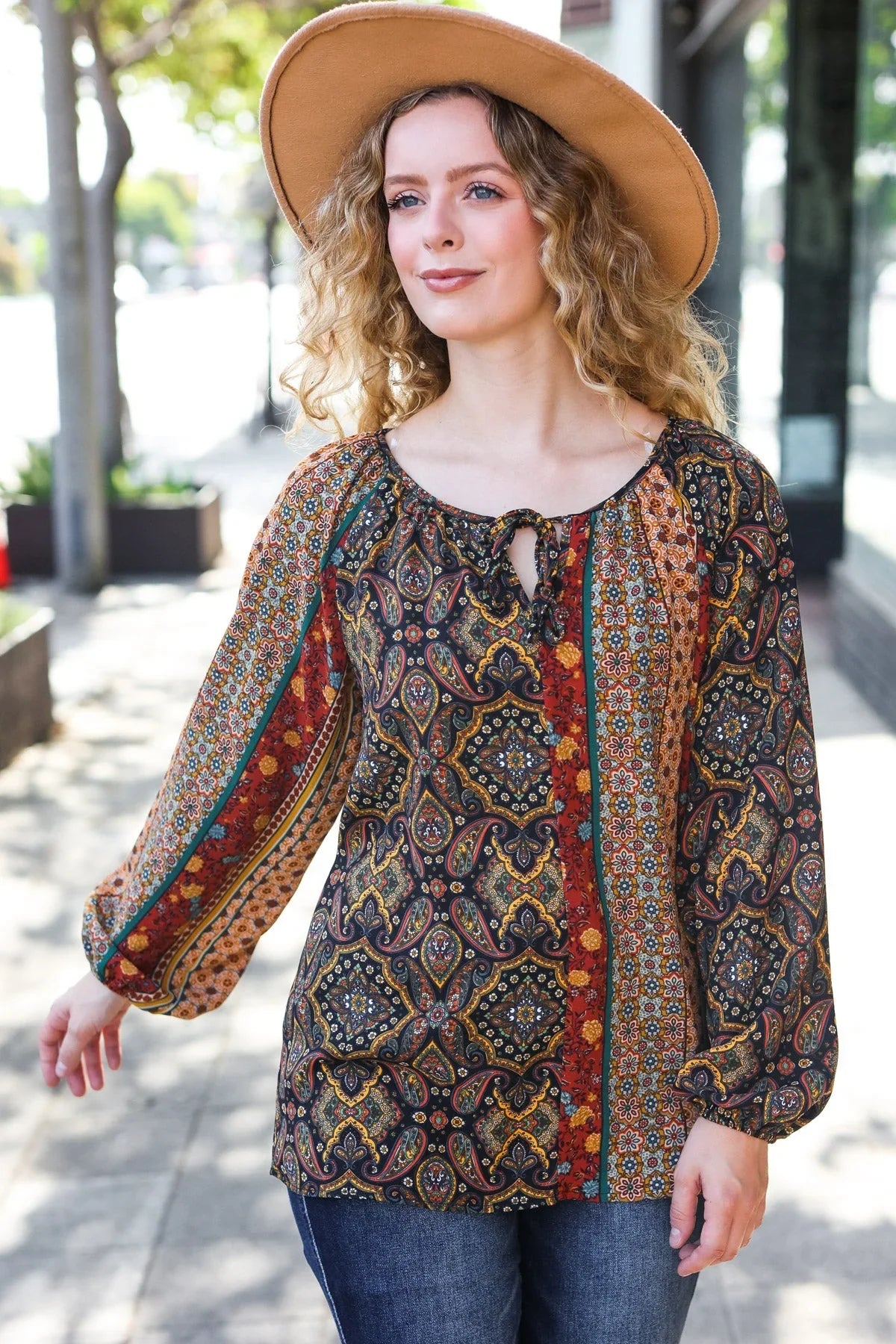 Weekend Ready Black & Rust Paisley Raglan Keyhole Tie Top | Daverri Fashions