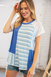 Blue Rib Terry Lace & Stripe Color Block Top | Daverri Fashions