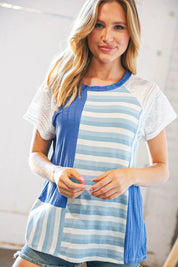 Blue Rib Terry Lace & Stripe Color Block Top | Daverri Fashions