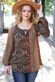 Weekend Ready Black & Rust Paisley Raglan Keyhole Tie Top | Daverri Fashions