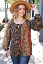 Weekend Ready Black & Rust Paisley Raglan Keyhole Tie Top | Daverri Fashions