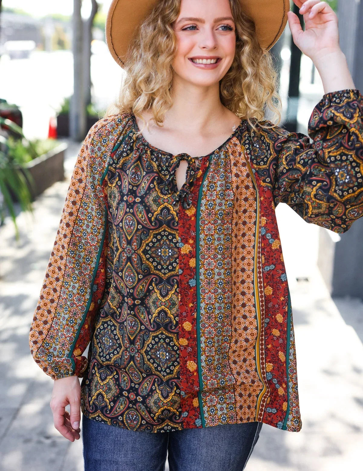 Weekend Ready Black & Rust Paisley Raglan Keyhole Tie Top | Daverri Fashions