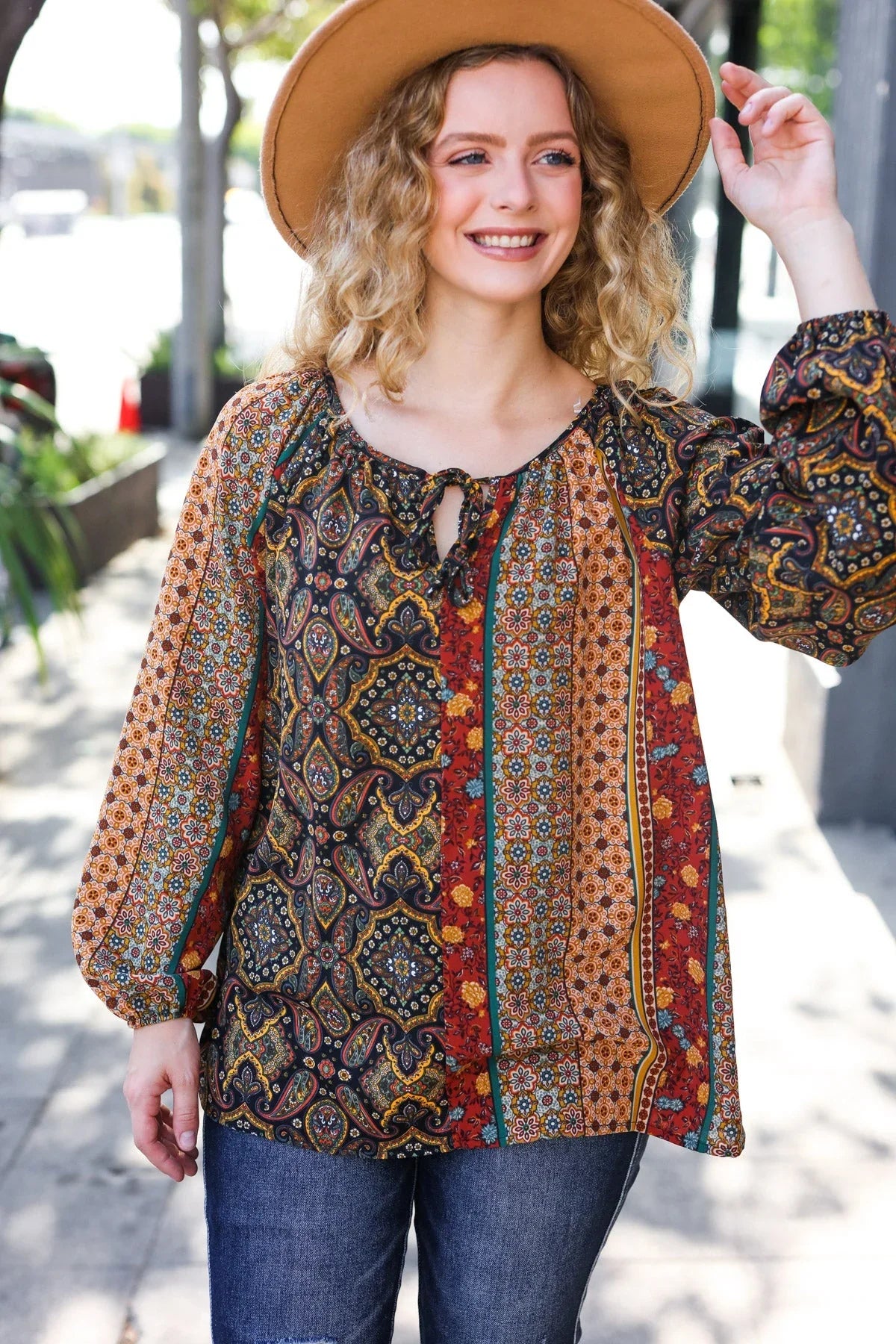 Weekend Ready Black & Rust Paisley Raglan Keyhole Tie Top | Daverri Fashions