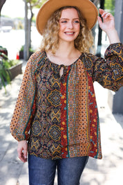 Weekend Ready Black & Rust Paisley Raglan Keyhole Tie Top | Daverri Fashions