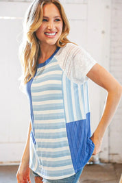 Blue Rib Terry Lace & Stripe Color Block Top | Daverri Fashions