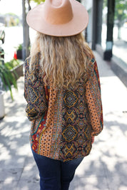Weekend Ready Black & Rust Paisley Raglan Keyhole Tie Top | Daverri Fashions