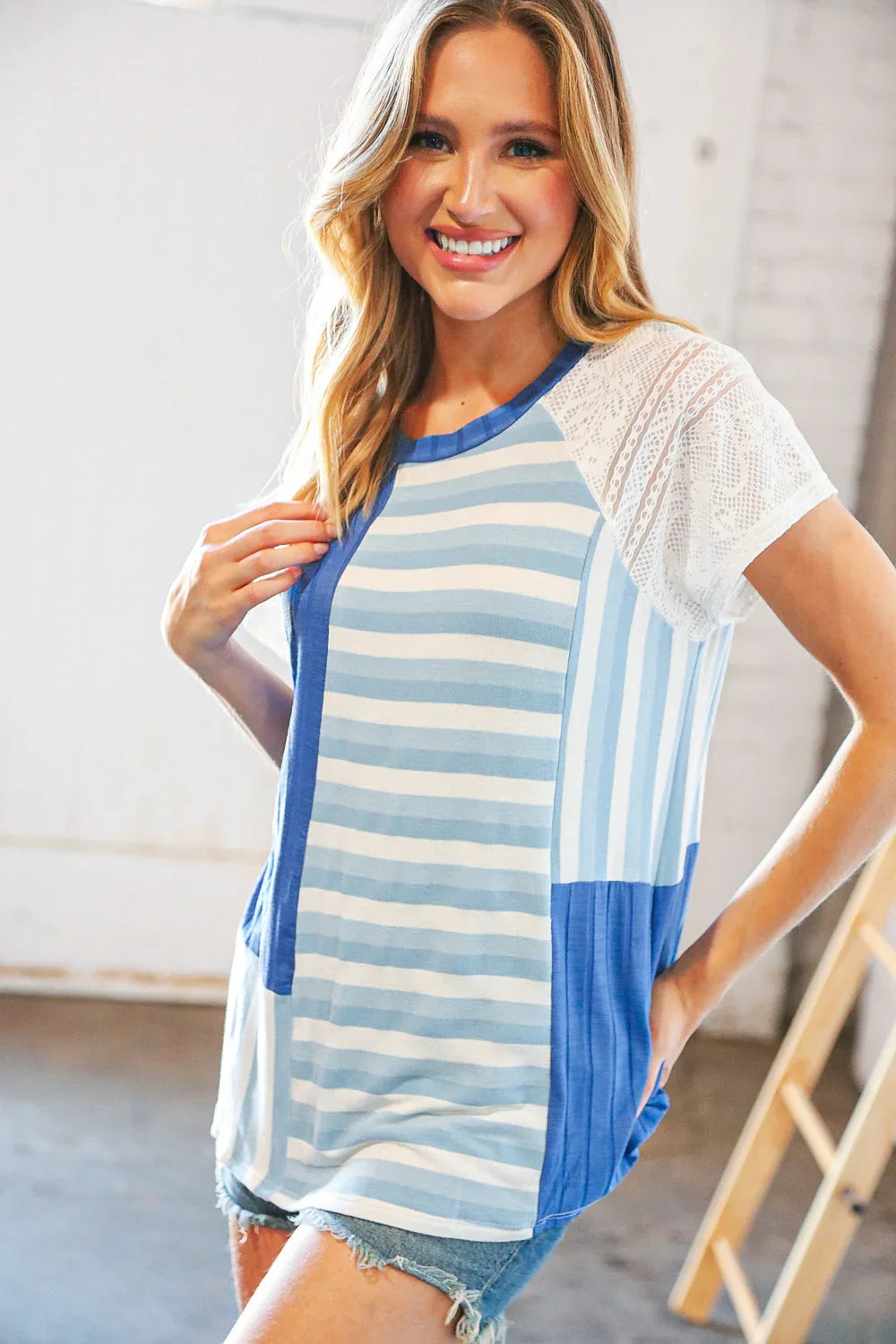 Blue Rib Terry Lace & Stripe Color Block Top | Daverri Fashions