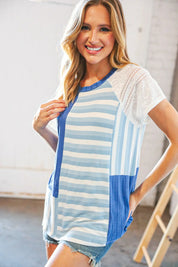 Blue Rib Terry Lace & Stripe Color Block Top | Daverri Fashions