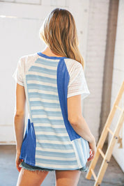 Blue Rib Terry Lace & Stripe Color Block Top | Daverri Fashions