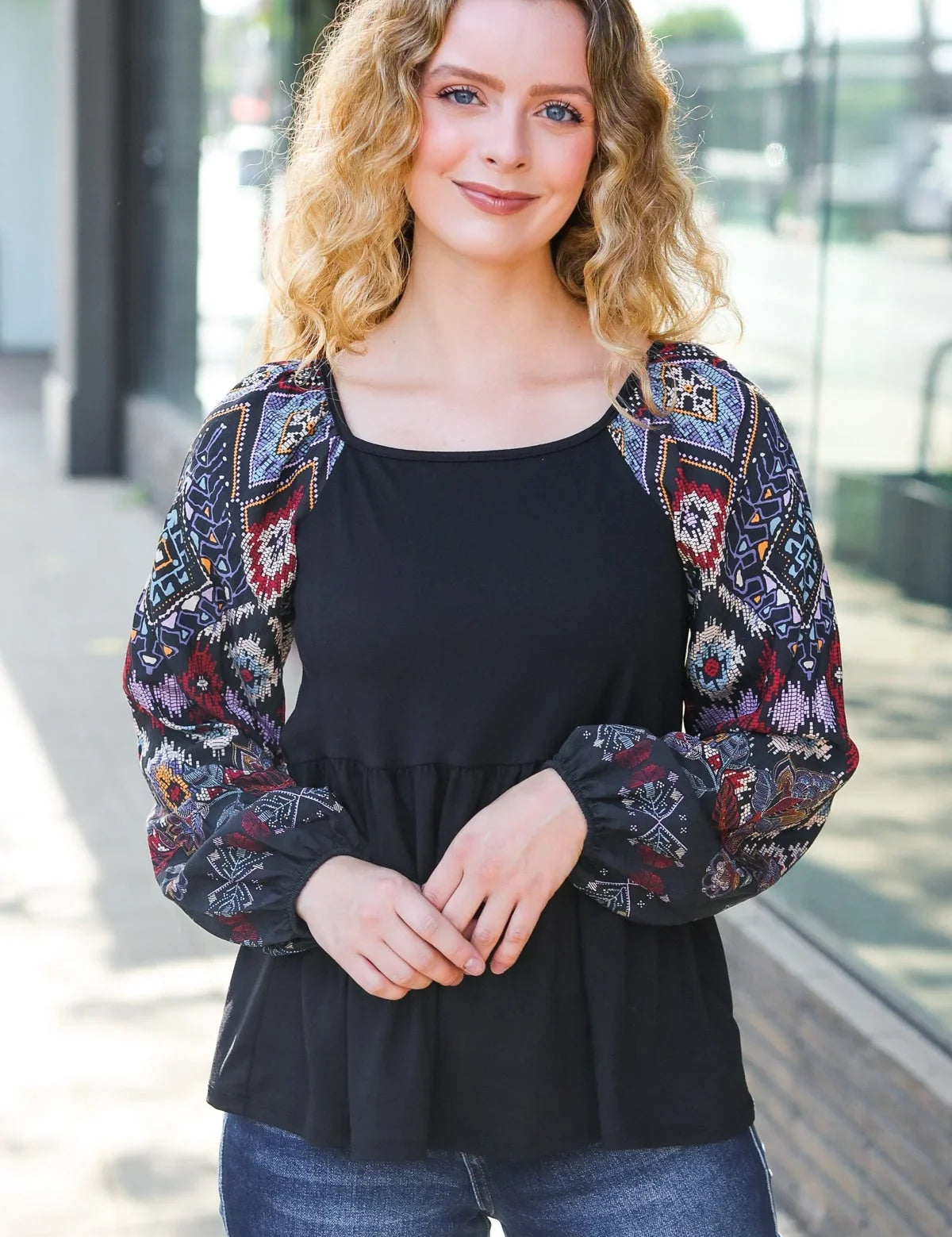 Charming Black Square Neck Border Print Bubble Sleeve Top | Daverri Fashions