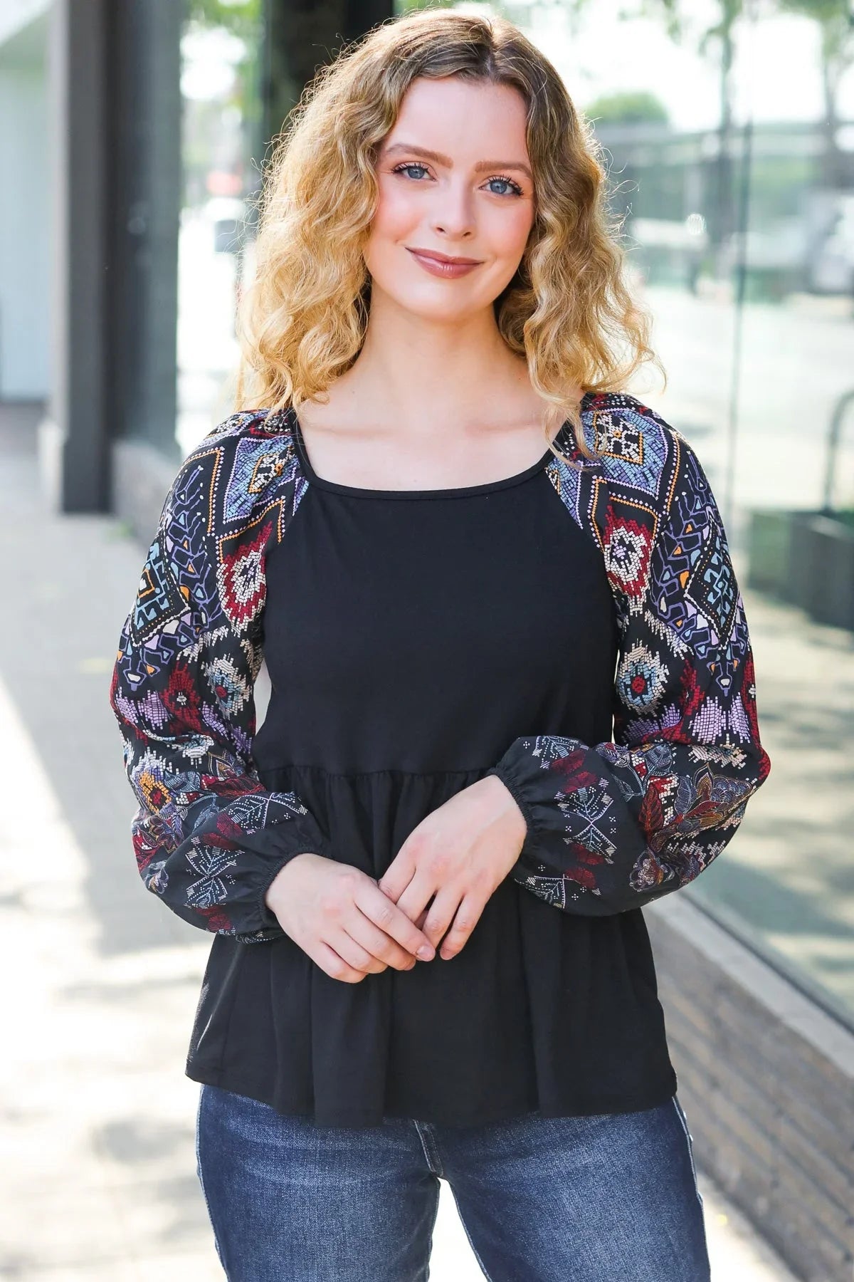 Charming Black Square Neck Border Print Bubble Sleeve Top | Daverri Fashions