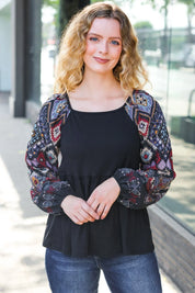 Charming Black Square Neck Border Print Bubble Sleeve Top | Daverri Fashions