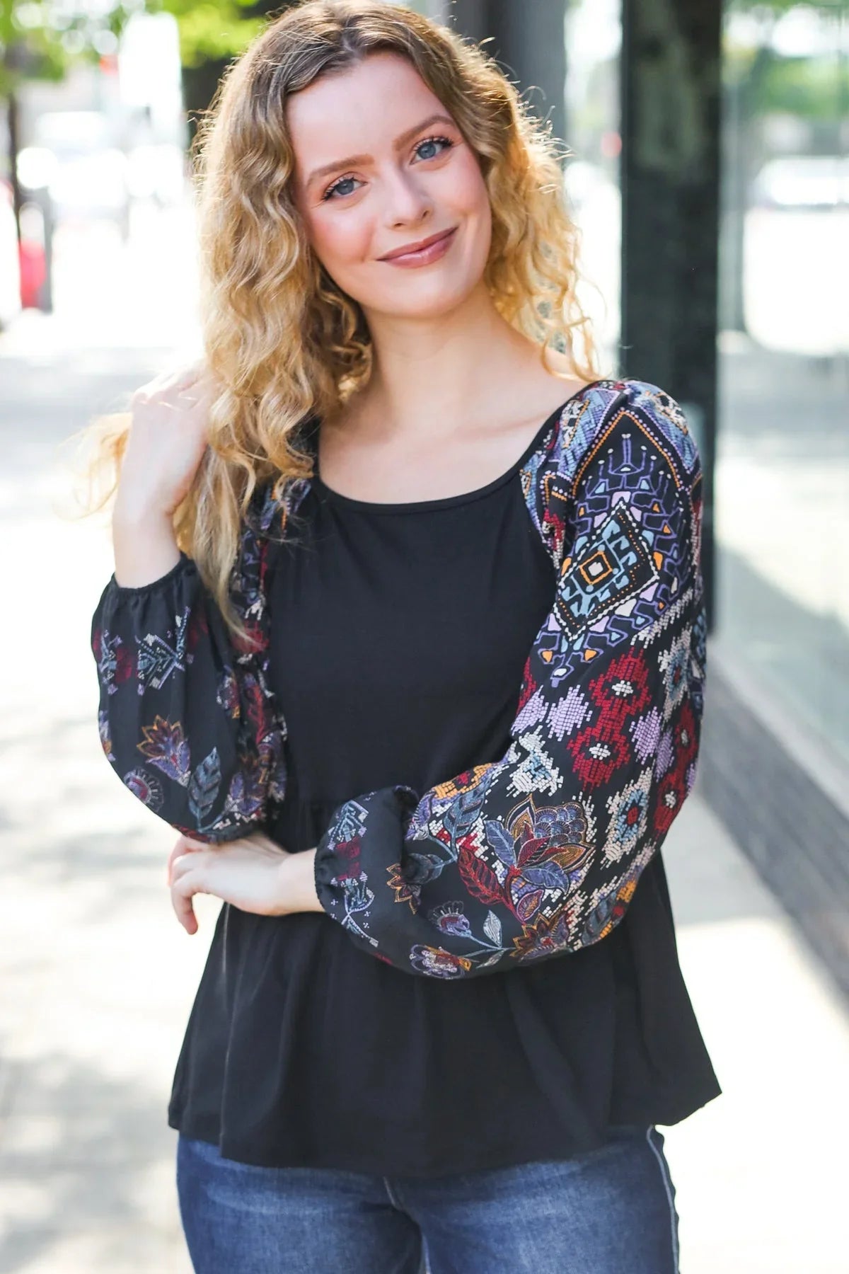 Charming Black Square Neck Border Print Bubble Sleeve Top | Daverri Fashions