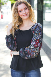 Charming Black Square Neck Border Print Bubble Sleeve Top | Daverri Fashions